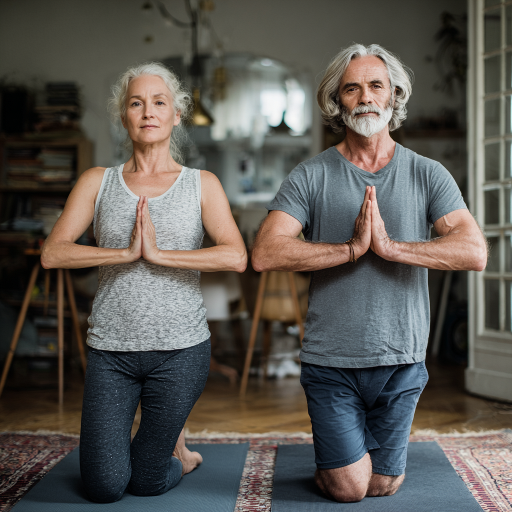 Досвідчена інструкторка йоги 55 років демонструє базову асану для початківців у світлій студії