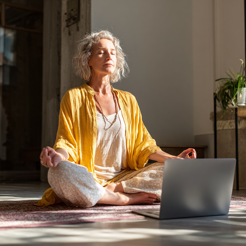 Жінка 50 років практикує йогу вдома у світлій кімнаті перед ноутбуком, слідуючи онлайн-заняттю vistelrun